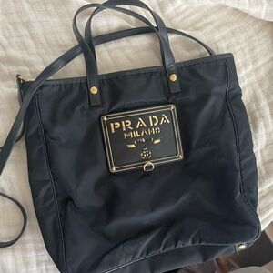 Authentic Black Nylon Tote with Gold Logo Plaque and Leather Straps Nero